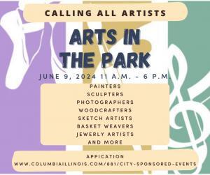 arts in the park colorful flyer that says calling all artists